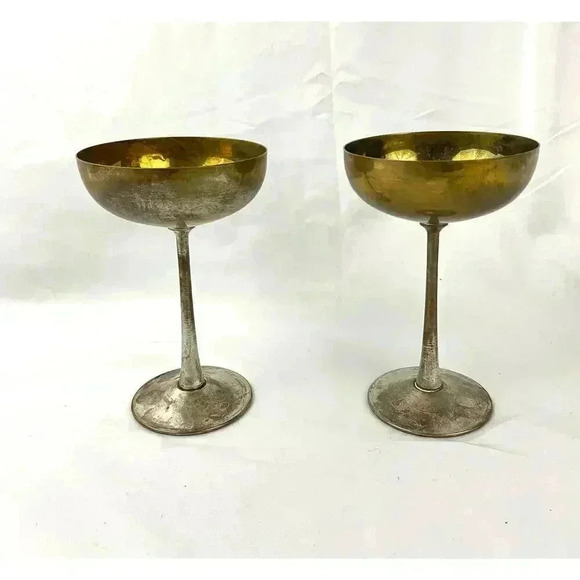 VTG Pair Leonard Silver Toned Brass Tarnished Goblets Chalice - Picture 2 of 15